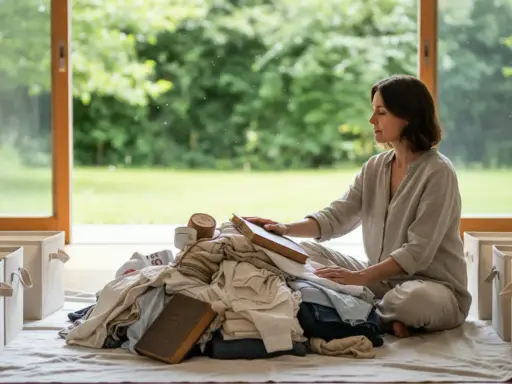 Donna medita su come iniziare il decluttering, circondata da vestiti e scatole vuote.