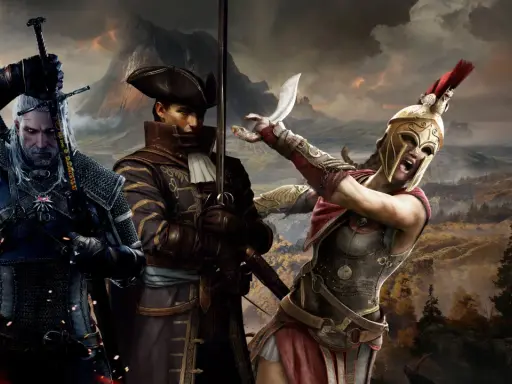 Geralt, pirat i Spartanina, bohaterowie gier podobnych do Wiedźmina 3, gotowi do walki na tle malowniczego krajobrazu.