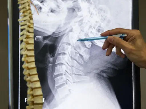 Un medico indica una radiografia della colonna vertebrale cervicale, evidenziando possibili metastasi ossee.