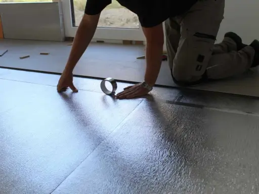 Instalando la mejor base aislante para suelo laminado. Se coloca una lámina plateada reflectante, asegurando un aislamiento térmico y acústico óptimo.