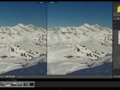 Comparación de imagen de montaña nevada, antes y después de aplicar denoise AI para mejorar la claridad.