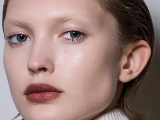 Primer plano de un rostro cuadrado con ojos azules y labios oscuros.