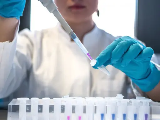 Ricerca per la terapia monoclonale: una mano guantata usa un contagocce per trasferire un liquido viola in una provetta, parte di un esperimento in laboratorio.
