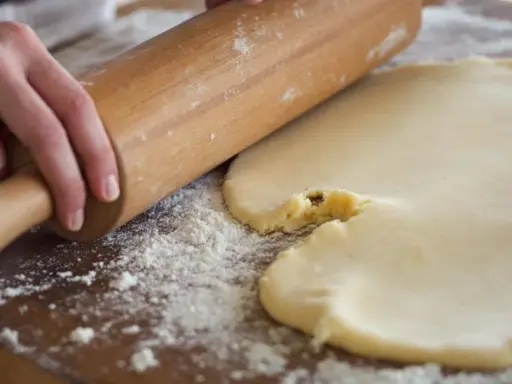 Mains roulant une pâte à biscuits trop sableux. Farine saupoudrée sur la planche en bois.