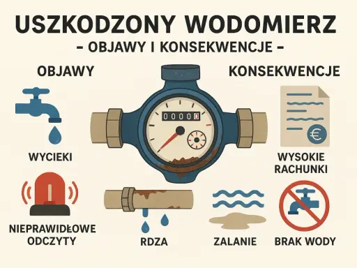 Zepsuty licznik wody to objawy jak wycieki, rdza, nieprawidłowe odczyty, a konsekwencje to wysokie rachunki, zalanie i brak wody.