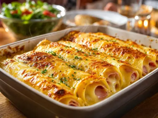 Crêpes au jambon et fromage, gratinées au four avec une sauce béchamel onctueuse. Un délice fumant !