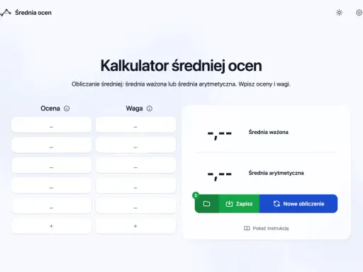 Kalkulator średniej ocen. Wpisz oceny i wagi, by obliczyć średnią ważoną lub arytmetyczną. Od jakiej średniej jest 5?