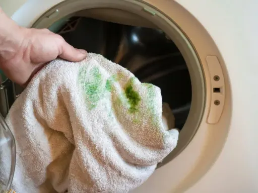 Hand hält Handtuch mit grünen, eingewaschenen Flecken vor einer Waschmaschine.