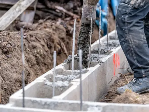 Betoniarka wylewa beton do szalunku. Pracownik w spodniach roboczych stoi obok. To kluczowy etap, by wiedzieć, jak obliczyć ilość betonu.