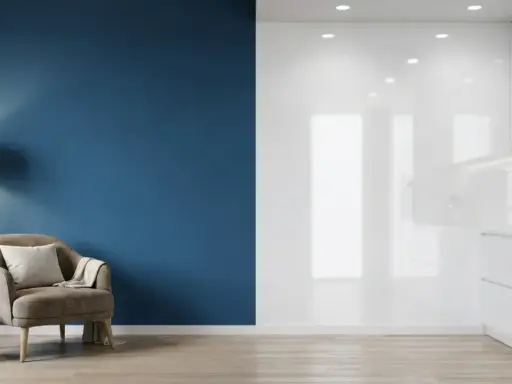 Un fauteuil confortable près d'un mur bleu profond, contrastant avec une cuisine blanche aux finitions peinture mat ou satin.