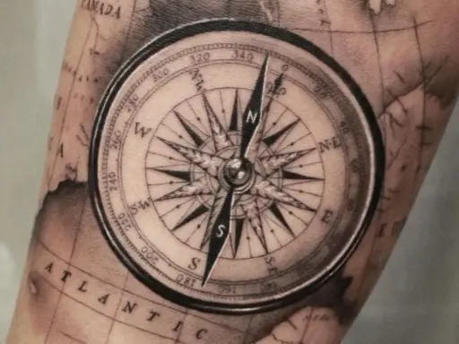 Tatuaż przedstawiający kompas i fragment mapy świata. Wskazówki kompasu wskazują północ, a na mapie widnieje napis "ATLANTIC".