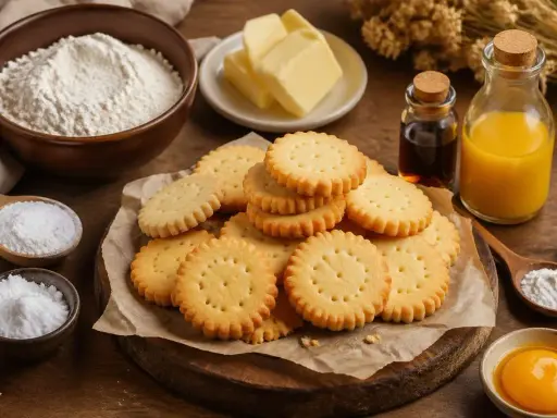 Des biscuits sablés dorés, empilés sur du papier sulfurisé, avec des ingrédients pour les meilleurs biscuits sablés : farine, beurre, sucre, œuf, vanille et jus.