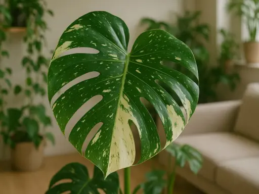 Duża, zielono-biała monstera w domowym zaciszu, przypominająca jej naturalne środowisko.