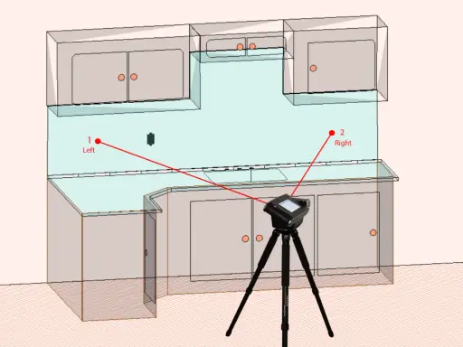 Medición de la altura del salpicadero de la cocina con un escáner 3D. Puntos de referencia "Left" y "Right" marcados.