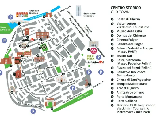 Mappa del centro storico di Rimini: scopri cosa vedere, dai monumenti storici ai parchi, con indicazioni per il turismo.