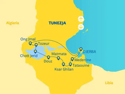 Mapa Tunezji z zaznaczonymi miastami: Tozeur, Djerba, Douz. Zastanawiasz się, ile się leci do Tunezji?