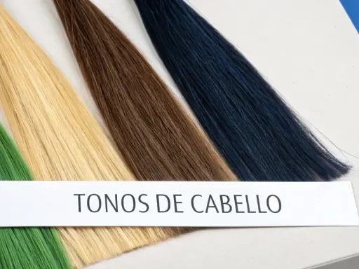 Muestras de cabello en tonos verde, rubio, castaño y azul oscuro. Una banda de papel dice "TONOS DE CABELLO", útil para saber mi subtono de piel.