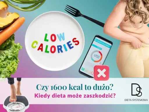 Warzywa, talerz z napisem "LOW CALORIES", aplikacja z kaloriami i osoba na wadze. Czy dieta 1600 kcal jest dla Ciebie?
