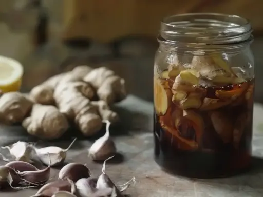 Słoik z imbirem i miodem, obok czosnek i cytryna – naturalny antybiotyk na gardło gotowy do użycia.