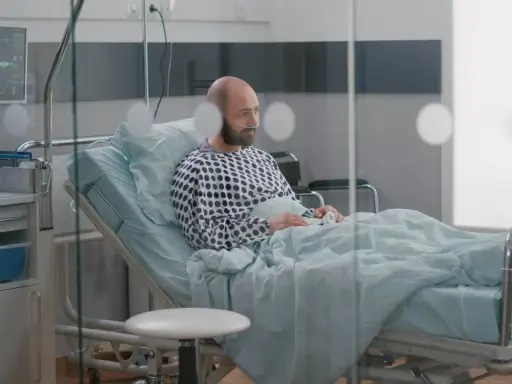 Mężczyzna w szpitalnym łóżku, z tlenem w nosie, czeka na wypis. Jego pobyt w szpitalu a zwolnienie lekarskie to teraz kluczowe kwestie.
