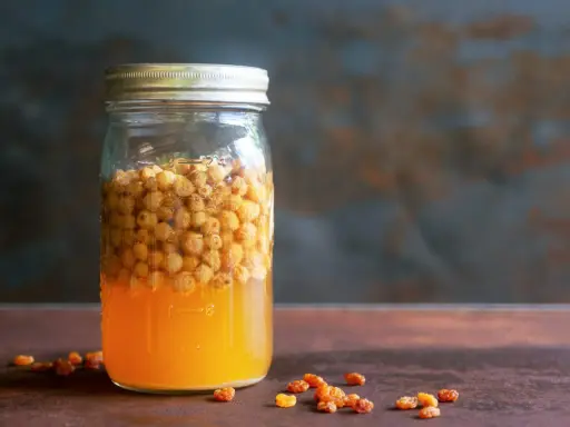 Glas mit süßem Saft und Rosinen, bereit, um Hefe selber machen zu beginnen.