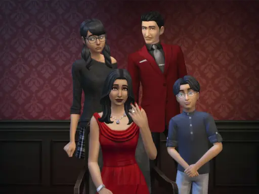 Rodzina z gry The Sims 4, w tym bella ćwir, pozuje do portretu.