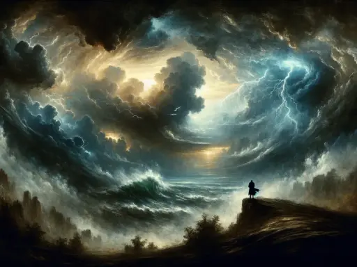 Un uomo osserva un mare in tempesta, fulmini squarciano il cielo. Un'immagine che evoca il **significato** di **Sturm und Drang**: passione, ribellione e la forza della natura.