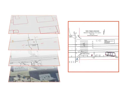 Plan zabudowy i szkic miejsca zdarzenia drogowego z zaznaczonymi śladami hamowania i wózkiem dziecięcym.