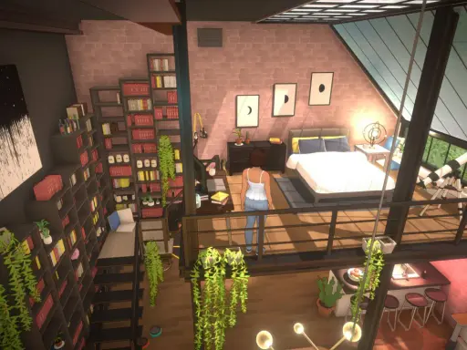 Wnętrze dwupoziomowego mieszkania w grze podobnej do The Sims. Dziewczyna stoi na antresoli, obok łóżka i biurka.