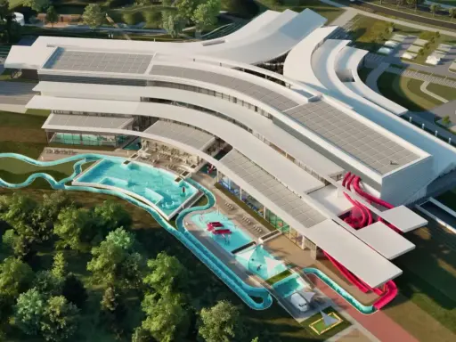 Nowoczesny aquapark Rzeszów z basenami, zjeżdżalniami i strefą relaksu, otoczony zielenią.