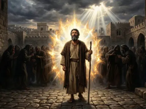 Mężczyzna w płomieniach, z laską w dłoni, otoczony ludźmi w kapturach. Światło przebija się przez chmury, jak w psalm 20.
