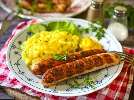 Zwei gegrillte Bratwürste mit Kartoffelsalat und Senf. Ein leckeres Rezept für Bratwurst selber machen.