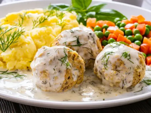 Pyszne pulpety z indyka w sosie koperkowym, podane z puree ziemniaczanym i warzywami.
