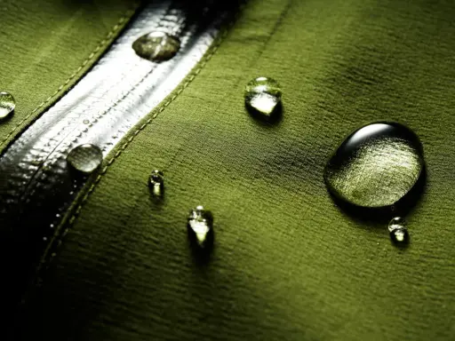 Gocce d'acqua su tessuto verde, dimostrando il significato di "water repellent".