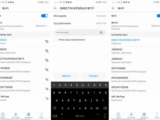 Ekran telefonu z listą dostępnych sieci Wi-Fi i klawiaturą ekranową.