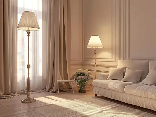Elegancka lampa podłogowa niebieska, stojąca obok okna, tworzy przytulną atmosferę w salonie.