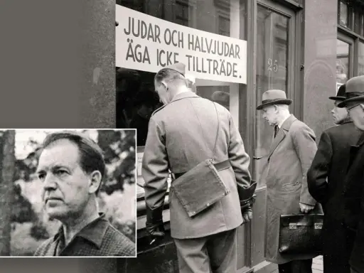 Einar Åberg, en man med ett allvarligt ansikte, i en collage med en bild av en skylt som säger "Judar och halvjudar äga icke tillträde.