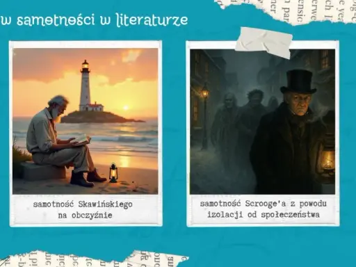 Cztery obrazy: trzej młodzi mężczyźni, starszy mężczyzna czytający książkę przy latarni, postacie w mglistym mieście, pokój z łóżeczkiem i książką.