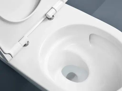Vue rapprochée d'une cuvette de WC blanche, siège relevé, suggérant le sens d'ouverture de la porte des toilettes.
