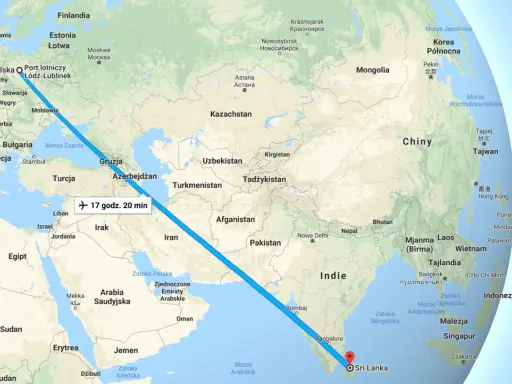 Trasa lotu z Polski do Sri Lanki, pokazująca ciekawe miejsca do zobaczenia po drodze.