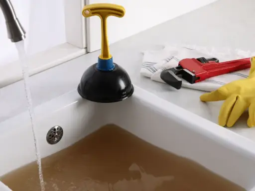 Un évier bouché après siphon, avec de l'eau sale stagnante. Un déboucheur, une clé à molette rouge et des gants jaunes sont prêts à l'emploi.