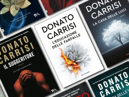 Copertine di libri di Donato Carrisi, tra cui "Il suggeritore", "L'educazione delle farfalle" e "La casa delle luci".