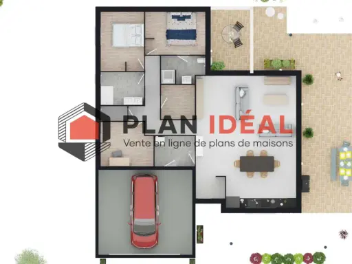 Plan maison plain pied 3 chambres avec suite parentale, garage, terrasse et piscine.