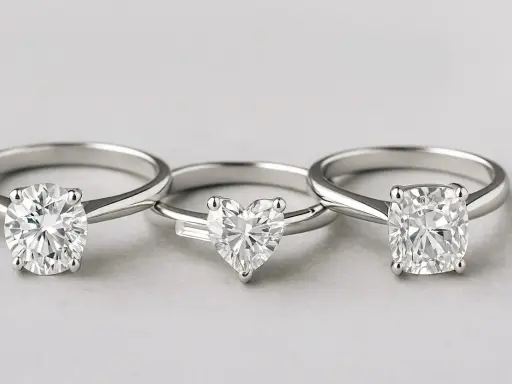Tre anelli con diamanti: uno a taglio rotondo, uno a cuore con un piccolo baguette ai lati, e uno a taglio cuscino. Il baguette significato è eleganza.