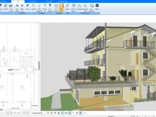 Ein 3D-Modell eines Hauses mit verschiedenen Giebel-Arten, Balkonen und Außentreppen. Der Grundriss ist links sichtbar.