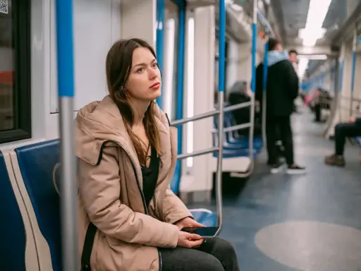 Młoda kobieta w beżowej kurtce siedzi w metrze, zamyślona. Może właśnie wraca z wizyty u lekarza, który wystawił jej L4 z powodu wypalenia zawodowego.