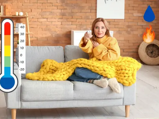 Woman on couch with yellow blanket, holding remote. Thermometer, water drop, and flame icons.