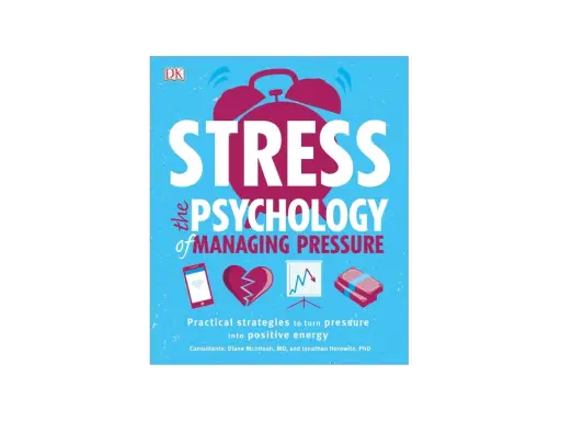 Okładka książki "The Psychology of Managing Pressure" z hasłem "STRESS". Obraz przedstawia dzwonek budzika, złamane serce, wykres i pieniądze, sugerując tematykę radzenia sobie ze stresem.