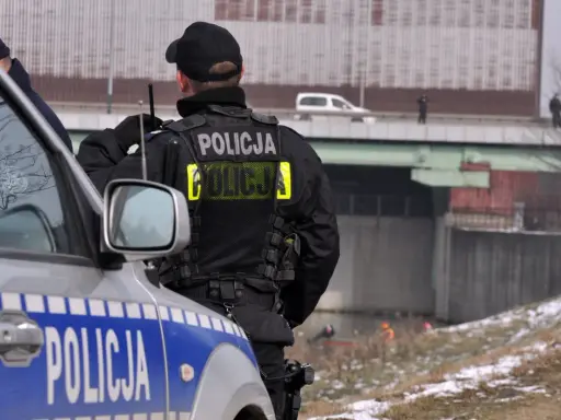 Policjant w kamizelce z napisem "POLICJA", zgodnej z rozporządzeniem w sprawie umundurowania policjantów, stoi obok radiowozu.