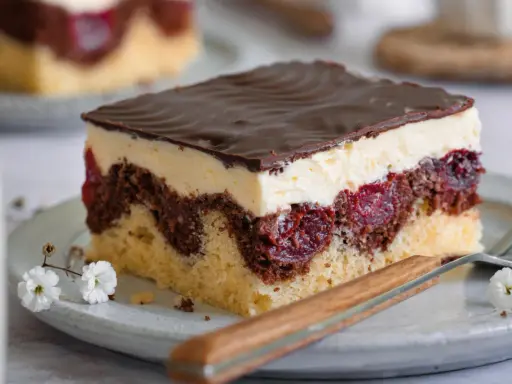 Ein Stück Donauwelle-Kuchen mit Schokoladenglasur, Sahne und Kirschen. Dieses Rezept ist ein Klassiker.